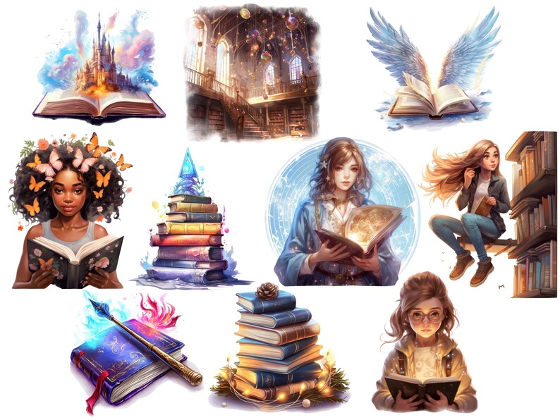 May include: A collection of illustrations featuring books, magic, and fantasy.  The images include a stack of books with a blue crystal on top, a book with wings, a girl reading a book with glowing pages, and a book with a castle rising from its pages.