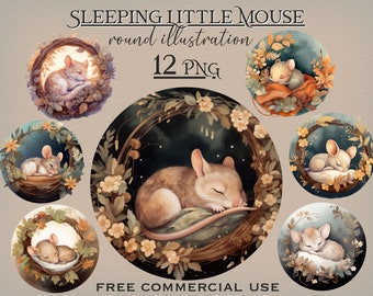 Paquete PNG de ratón durmiendo, Animales bebés png, Clipart de acuarela de ratón, Ratón floral pequeño png, Animales de acuarela png, Dulces sueños png