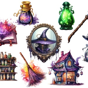 May include: A collection of witchy items including a book with a purple and red design, a bottle with a green liquid, a bottle with a blue liquid and stars, a broom, a wand, a mirror with a witch in a black hat, and a small house with a sign that says "Varrictiol" and "Varrict"