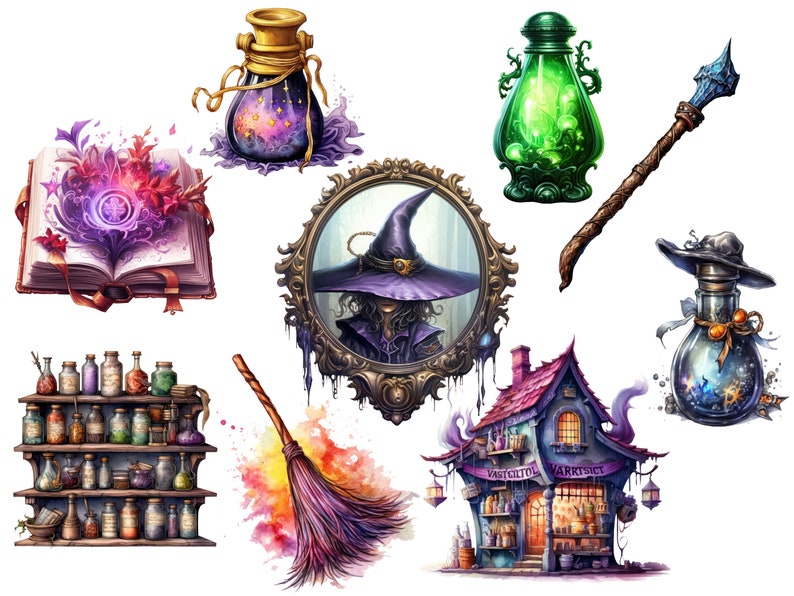 May include: A collection of witchy items including a book with a purple and red design, a bottle with a green liquid, a bottle with a blue liquid and stars, a broom, a wand, a mirror with a witch in a black hat, and a small house with a sign that says "Varrictiol" and "Varrict"