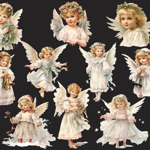 Puede incluir: Ilustraciones de &aacute;ngeles de estilo vintage. Cada &aacute;ngel tiene cabello rubio, alas blancas y viste t&uacute;nicas blancas o pastel. Algunos &aacute;ngeles sostienen campanas, vegetaci&oacute;n o flores, sobre un fondo oscuro. Ideal para manualidades festivas.