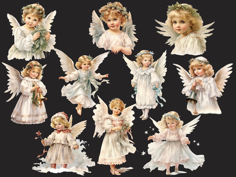 Puede incluir: Ilustraciones de &aacute;ngeles de estilo vintage. Cada &aacute;ngel tiene cabello rubio, alas blancas y viste t&uacute;nicas blancas o pastel. Algunos &aacute;ngeles sostienen campanas, vegetaci&oacute;n o flores, sobre un fondo oscuro. Ideal para manualidades festivas.