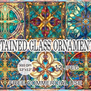 May include: A set of 12 stained glass ornament designs featuring intricate patterns in shades of blue, green, yellow, and red. The designs include crosses, flowers, and geometric shapes. The text "STAINED GLASS ORNAMENT", "300 DPI", "12"x12"", "12 JPEG", and "FREE COMMERCIAL USE" is also included in the image.