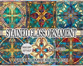 Stained glass ornament clipart, Victorian painted cross design tiles bundle, Art nouveau printable images for collage, Free commercial use