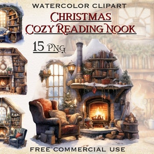 Christmas cozy nook png bundle, Book nook clipart, Book lover bookworm clipart, Christmas clipart, Cottagecore clipart, Free commercial use