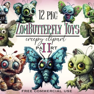 Zombie Schmetterling Spielzeug Clipart, Halloween Plüsch Schmetterlinge Zombies PNG, lustige Horror Bilder, gruselige Insekten Kunst Bündel, freie kommerzielle Nutzung