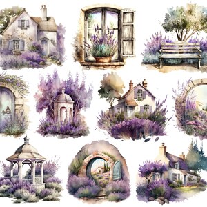 Pu&ograve; includere: Una collezione di illustrazioni ad acquerello che presentano incantevoli cottage, un gazebo, una panchina e porte ad arco, il tutto circondato da rigogliosi campi di lavanda.