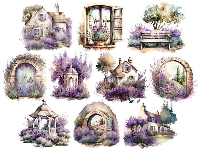 Pu&ograve; includere: Una collezione di illustrazioni ad acquerello che presentano incantevoli cottage, un gazebo, una panchina e porte ad arco, il tutto circondato da rigogliosi campi di lavanda.