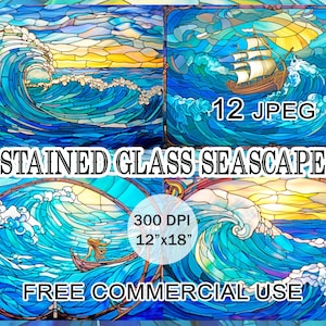 Clipart di vetrate colorate con paesaggio marino, Pacchetto di opere d'arte fantasy con onde del mare, Pacchetto di immagini stampabili di paesaggi nautici in stile Art Nouveau, Uso commerciale gratuito