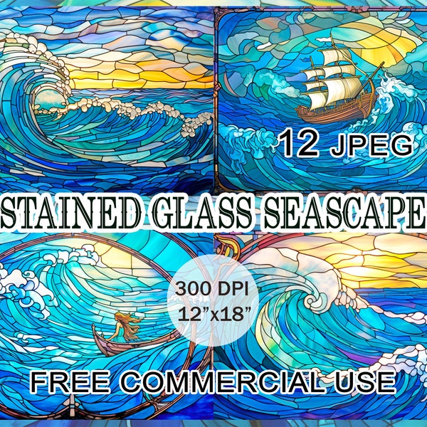 Stained glass seascape clipart, Sea waves fantasy artwork bundle, Art nouveau nautical scenery printable images pack, Free commercial use