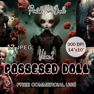 Clipart de muñeca poseída, diseño de rosas rojas de juguete de diablo de terror, arte imprimible aterrador de Halloween, paquete de tarjetas de alta resolución, uso comercial gratuito