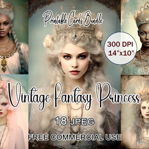 Bundel vintage fantasy prinses kaarten, afdrukbare prinses ephemera, vintage stijl kunst, pastel goth meisje junk dagboek digitaal vrouwelijk portret