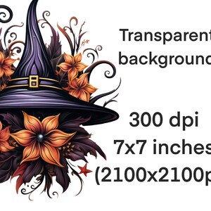 May include: A digital illustration of a witch's hat with a purple crown and black brim, adorned with orange flowers and dark leaves. The image includes the text "Transparent background", "300 dpi", and "7x7 inches (2100x2100px)".