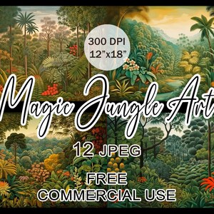 May include: A digital art print titled "Magic Jungle Art" featuring a vibrant jungle scene with lush greenery, palm trees, and colorful flowers. The print is 12"x18" and 300 DPI. The image is available for commercial use.