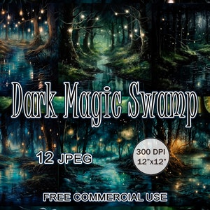 Dunkle Magie Sumpf, Nacht im Wald, Märchenlandschaft Clipart, Aquarell Clipart, Verzauberte Waldkunst, Zauberhafte Waldhexe Clipart