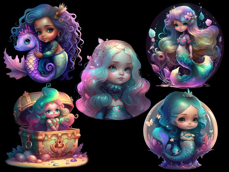 Pu&ograve; includere: Cinque illustrazioni di sirene con squame iridescenti e capelli colorati. Le sirene sono raffigurate in varie pose, tra cui nuotare, sedersi in un forziere del tesoro e tenere un cavalluccio marino.