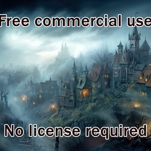 K&ouml;nnte beinhalten: Eine digitale Illustration eines mittelalterlichen Dorfes mit einem Schloss im Hintergrund. Das Dorf ist von Nebel umgeben und der Text "Free commercial use" und "No license required" ist auf dem Bild zu sehen.