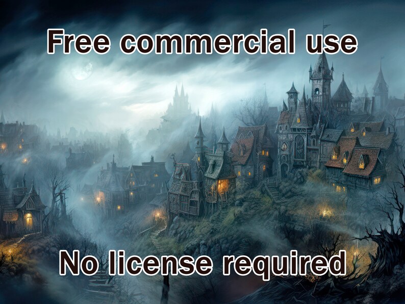K&ouml;nnte beinhalten: Eine digitale Illustration eines mittelalterlichen Dorfes mit einem Schloss im Hintergrund. Das Dorf ist von Nebel umgeben und der Text "Free commercial use" und "No license required" ist auf dem Bild zu sehen.