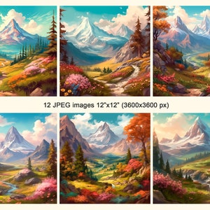 Pode incluir: Uma pintura digital de uma paisagem montanhosa com um caminho sinuoso que leva atrav&eacute;s de um campo de flores silvestres. As montanhas s&atilde;o cobertas de neve e o c&eacute;u &eacute; azul com nuvens brancas. A pintura &eacute; de estilo realista e tem uma sensa&ccedil;&atilde;o quente e acolhedora.