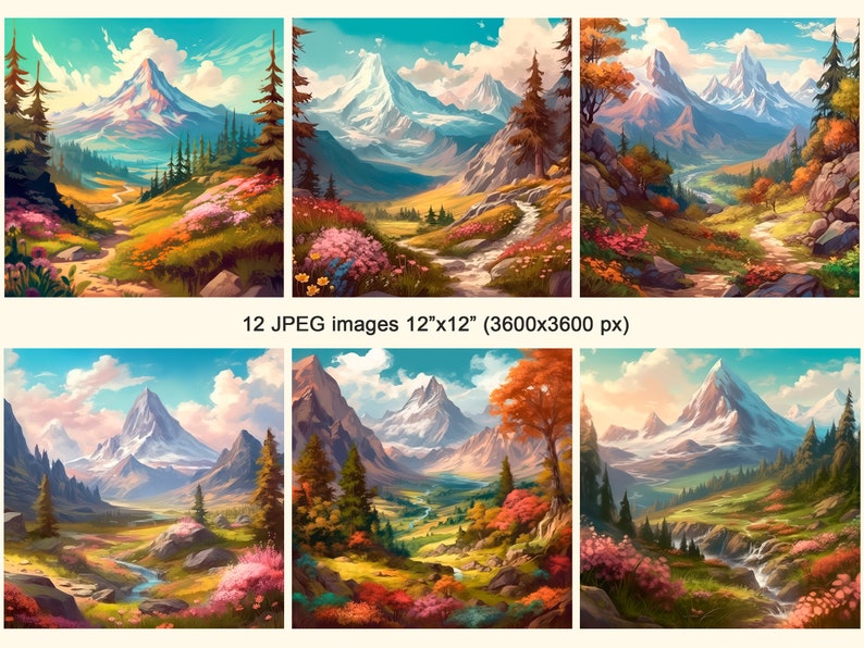 Pode incluir: Uma pintura digital de uma paisagem montanhosa com um caminho sinuoso que leva atrav&eacute;s de um campo de flores silvestres. As montanhas s&atilde;o cobertas de neve e o c&eacute;u &eacute; azul com nuvens brancas. A pintura &eacute; de estilo realista e tem uma sensa&ccedil;&atilde;o quente e acolhedora.