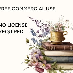 May include: A stack of vintage books with a gold cup filled with purple and white flowers on top. The text "FREE COMMERCIAL USE NO LICENSE REQUIRED" is visible in the background.