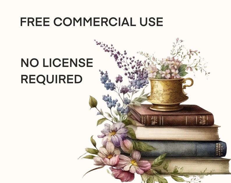 May include: A stack of vintage books with a gold cup filled with purple and white flowers on top. The text "FREE COMMERCIAL USE NO LICENSE REQUIRED" is visible in the background.