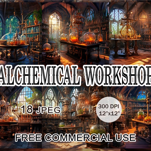 Alchemical workshop clipart, Apothecary laboratory art bundle, Dark aesthetic witchcraft & metaphysical wiccan artwork, Free commercial use