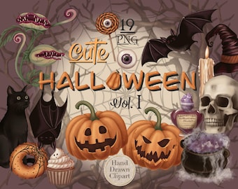Cute Halloween PNG Clipart Bundle vol 1, Hand Drawn Spooky Season Candy - Pumpkin - Bat - Black Cat -Witch Hat - Printable Digital Downloads