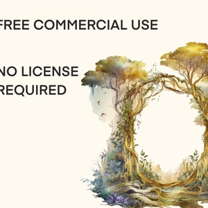 May include: Watercolor illustration of a natural archway formed by trees and vines. The arch is golden, with lush green foliage and a bright, sunny background. The text "FREE COMMERCIAL USE" and "NO LICENSE REQUIRED" is in the upper left.