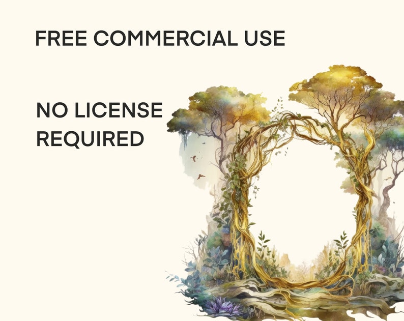 May include: Watercolor illustration of a natural archway formed by trees and vines. The arch is golden, with lush green foliage and a bright, sunny background. The text "FREE COMMERCIAL USE" and "NO LICENSE REQUIRED" is in the upper left.