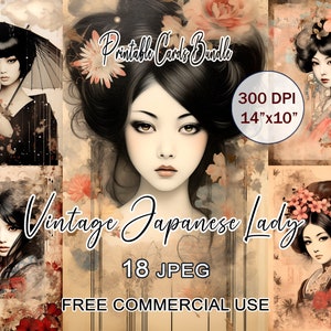 Vintage Japanese Lady Cards Bundle, Printable Vintage Ephemera Pack, Asian woman clipart, Digital geisha art, Vintage Japanese art