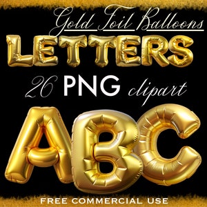 Gold Foil Balloon Letters PNG Bundle, Birthday invitation golden letters png, Digital alphabet clipart, Instant download gold balloons png