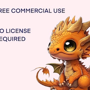 May include: A cute orange and yellow cartoon dragon with big eyes and wings. The text "FREE COMMERCIAL USE NO LICENSE REQUIRED" is in the top left corner of the image.