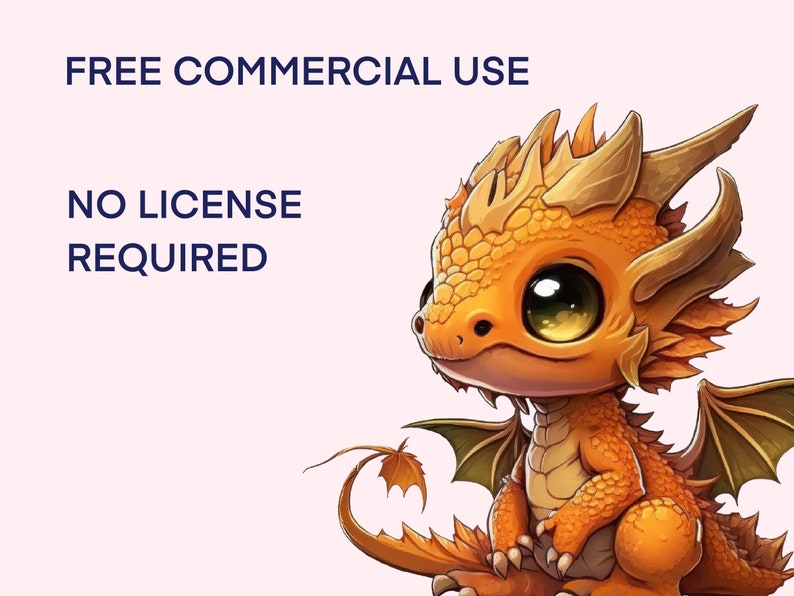 May include: A cute orange and yellow cartoon dragon with big eyes and wings. The text "FREE COMMERCIAL USE NO LICENSE REQUIRED" is in the top left corner of the image.