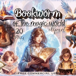 May include: A digital clipart set of 20 PNG images featuring illustrations of people reading books in a magical world. The images include a girl reading a book with a castle in the background, a girl reading a book with wings, a girl reading a book with a magical glow, and a girl reading a book with a magical staff. The text "Bookworm of the magic world clipart 20 PNG" is displayed on the image.