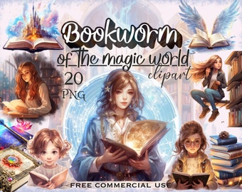 Wizard school library clipart, Magic bookworm png bundle, Cute reading fairy girls images, Book lover artwork pack, Free commercial use