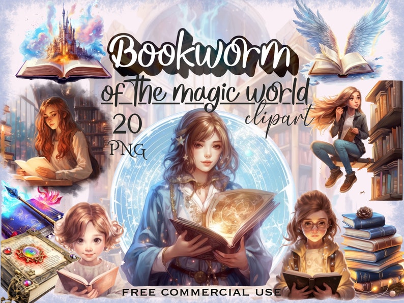 May include: A digital clipart set of 20 PNG images featuring illustrations of people reading books in a magical world. The images include a girl reading a book with a castle in the background, a girl reading a book with wings, a girl reading a book with a magical glow, and a girl reading a book with a magical staff. The text "Bookworm of the magic world clipart 20 PNG" is displayed on the image.