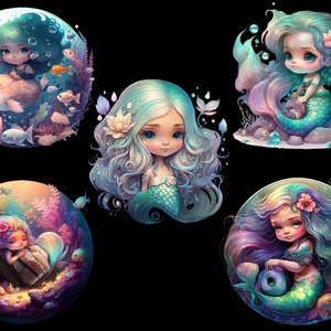 Pu&ograve; includere: Cinque illustrazioni di sirene con code colorate e capelli fluenti. Ogni sirena &egrave; circondata da bolle e immagini sottomarine.