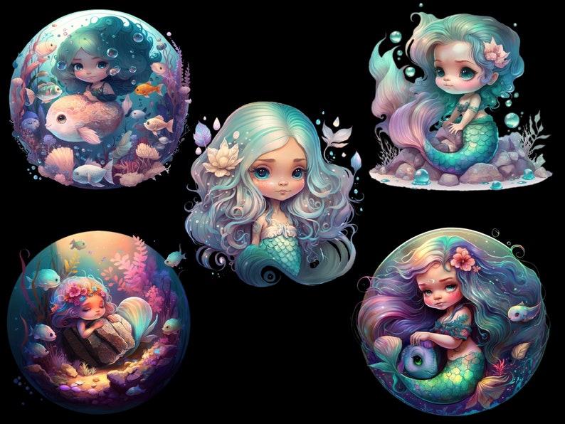 Pu&ograve; includere: Cinque illustrazioni di sirene con code colorate e capelli fluenti. Ogni sirena &egrave; circondata da bolle e immagini sottomarine.
