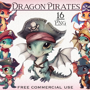 Piratendrachen PNG Bundle, Baby Drachen Piraten Clipart, süße Drachen Bilder Pack, Original Chibi Drachen, Fantasy Clipart, digitale Drachenkunst