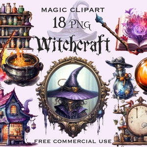 May include: A set of 18 digital clipart images featuring a witch's cauldron, a broom, a potion bottle, a crystal ball, a book of spells, a witch's hat, a shelf of potions, a witch's house, and other magical items.  The images are in a cartoon style and are perfect for use in digital scrapbooking, card making, and other craft projects.  Free commercial use.