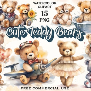 May include: A set of 15 watercolour illustrations of cute teddy bears in various poses. The bears are wearing clothes, holding objects, and engaging in activities such as flying a plane, taking a bath, and holding a heart-shaped balloon. The illustrations are perfect for use in digital scrapbooking, card making, and other creative projects.