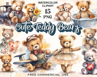 Cute teddy bear clipart, Teddy bear png, Teddy bear clip art, Watercolor clipart, Baby cute clipart, Commercial license, Bestseller png