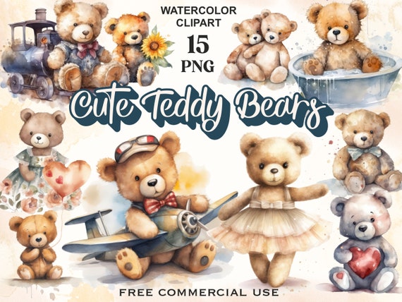 Cute teddy bear clipart, Teddy bear png, Teddy bear clip art, Watercolor clipart, Baby cute clipart, Commercial license, Bestseller png