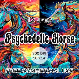 Psychedelische Pferd Clipart, druckbare mythische Regenbogen Bilder, Fantasy Tier digitale Kunst, Groovy Pferde Kartenpaket, kostenlose kommerzielle Nutzung