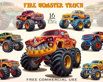Fire Monster Truck PNG Bundle, clipart Monster truck, grosse voiture clipart, anniversaire garçon png, clipart homme, téléchargements numériques, usage Commercial png