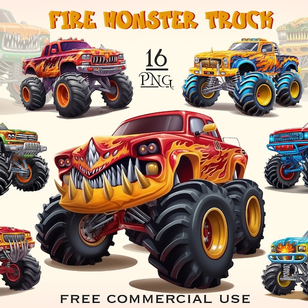 Fire Monster Truck PNG Bundle, Monster truck clipart, Big car clipart, Birthday boy png, Male clipart, Digital downloads, Commercial use png