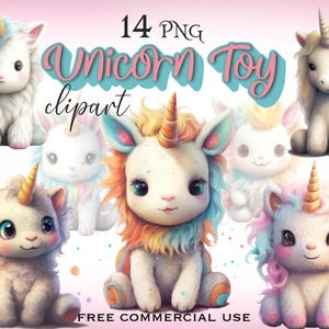 Eenhoorn speelgoedclipart met schattige pluche dieren voor uitnodigingen en ontwerpen voor babyshowers | 14 png-afbeeldingen, gratis commercieel gebruik
