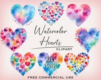 May include: Set of 20 watercolor heart clip art images. The hearts are in various shades of pink, blue, purple, and green. The hearts are all different shapes and sizes. The text "Watercolor Hearts Clipart 20 PNG Free Commercial Use" is at the bottom of the image.