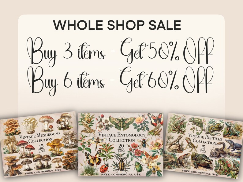 May include: A digital download of three vintage illustrations featuring mushrooms, insects, and reptiles. The illustrations are in a watercolor style and feature a variety of colors, including green, brown, red, and yellow. The text "Buy 3 items - Get 50% Off" and "Buy 6 items - Get 60% Off" is displayed at the top of the image.